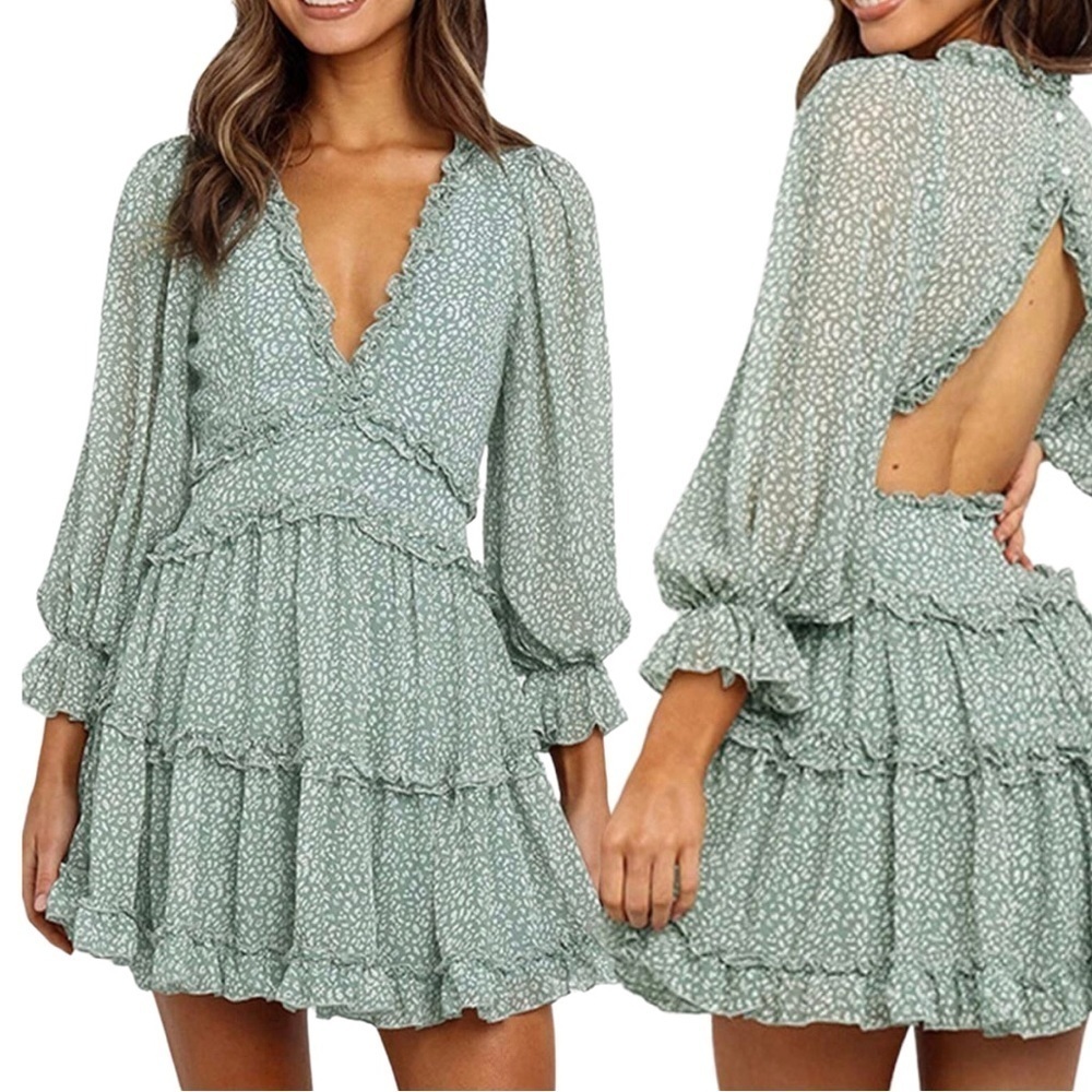 Mini Dress Floral Print Deep V-neck Large Hem Deep V-neck Women Dress Su…